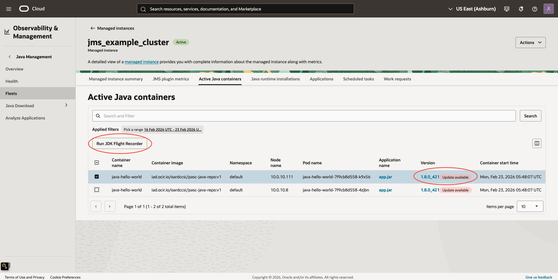 JMS Console displaying active Java containers and JFR controls